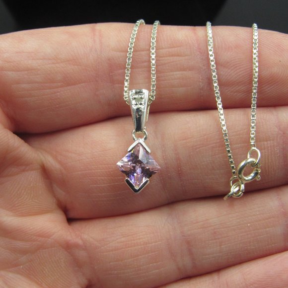 16" Sterling Silver Pink Cubic Zirconia Gem & Diamond Chip Necklace Vintage - Picture 2 of 7